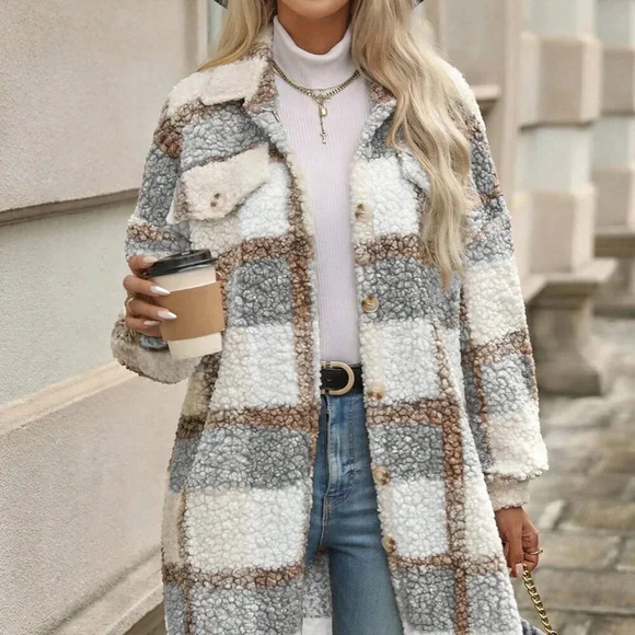 Jackets & Blazers - Multicolor Casual Women's Plaid Print Drop Shoulder Teddy Coat